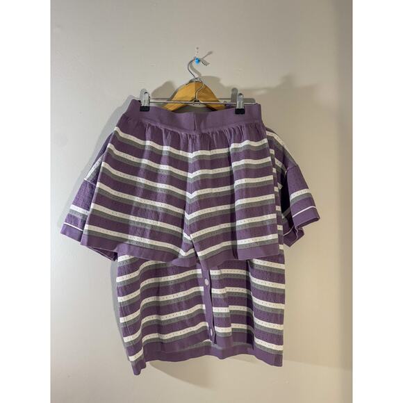 Vtg Style Striped Knit Matching Set | Purple Perforated Polo & Shorts (Size M) - Picture 1 of 6